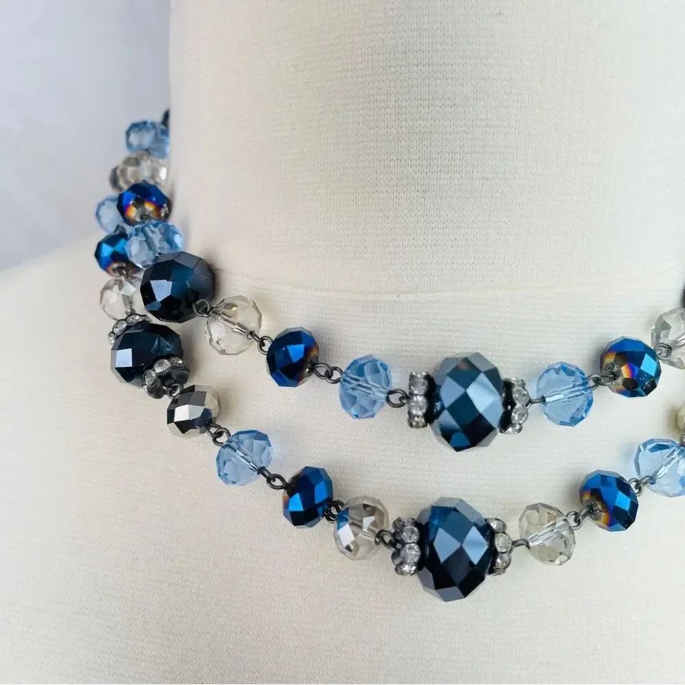 Trifari blue clear beaded 2 strand necklace choker - Picture 3 of 10